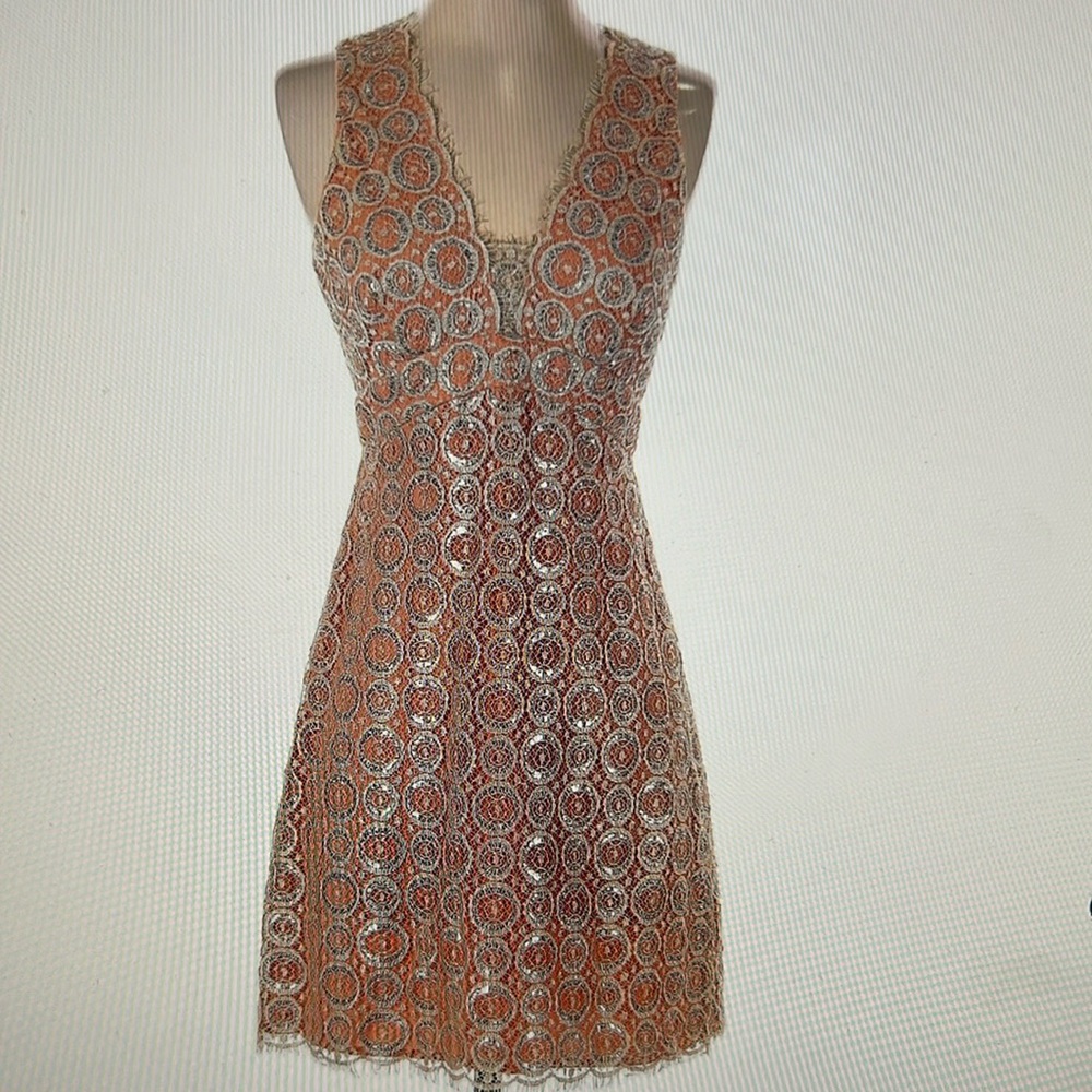 NWT Ali Ro peach cocktail dress with silver lace size 4
